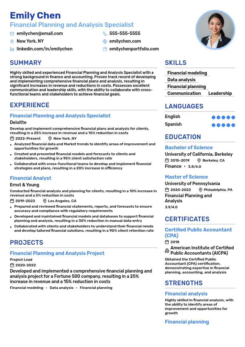 Financial Planning and Analysis Specialist resume example