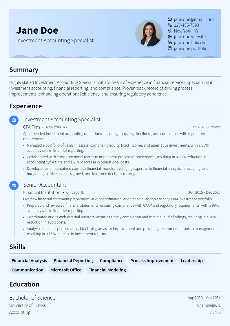 Investment Accounting Specialist resume example