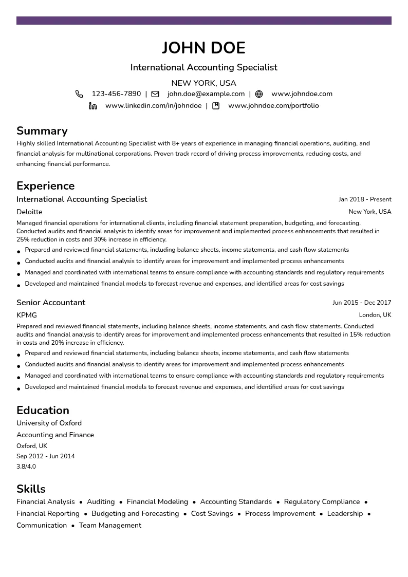International Accounting Specialist resume example