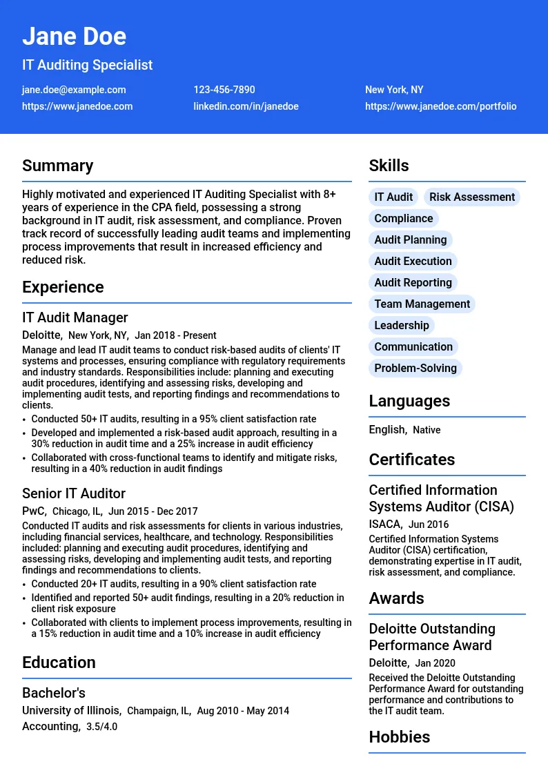 IT Auditing Specialist resume example