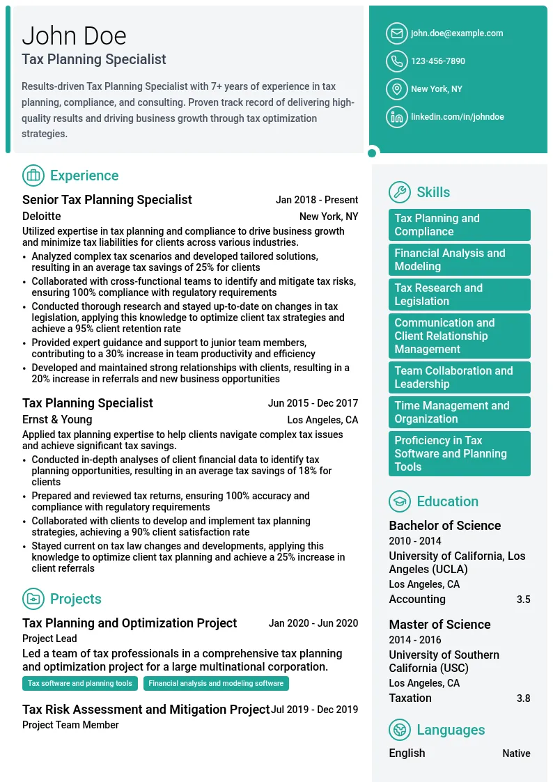 Tax Planning Specialist resume example