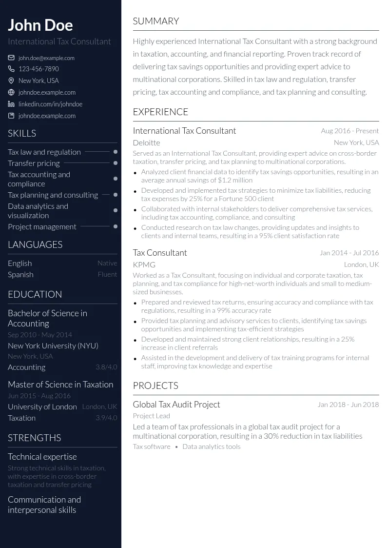International Tax Consultant resume example