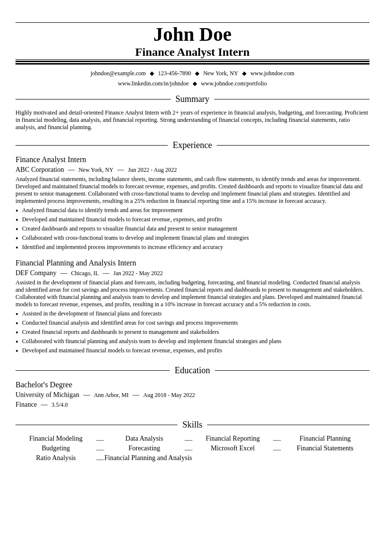 Finance Analyst Intern resume example