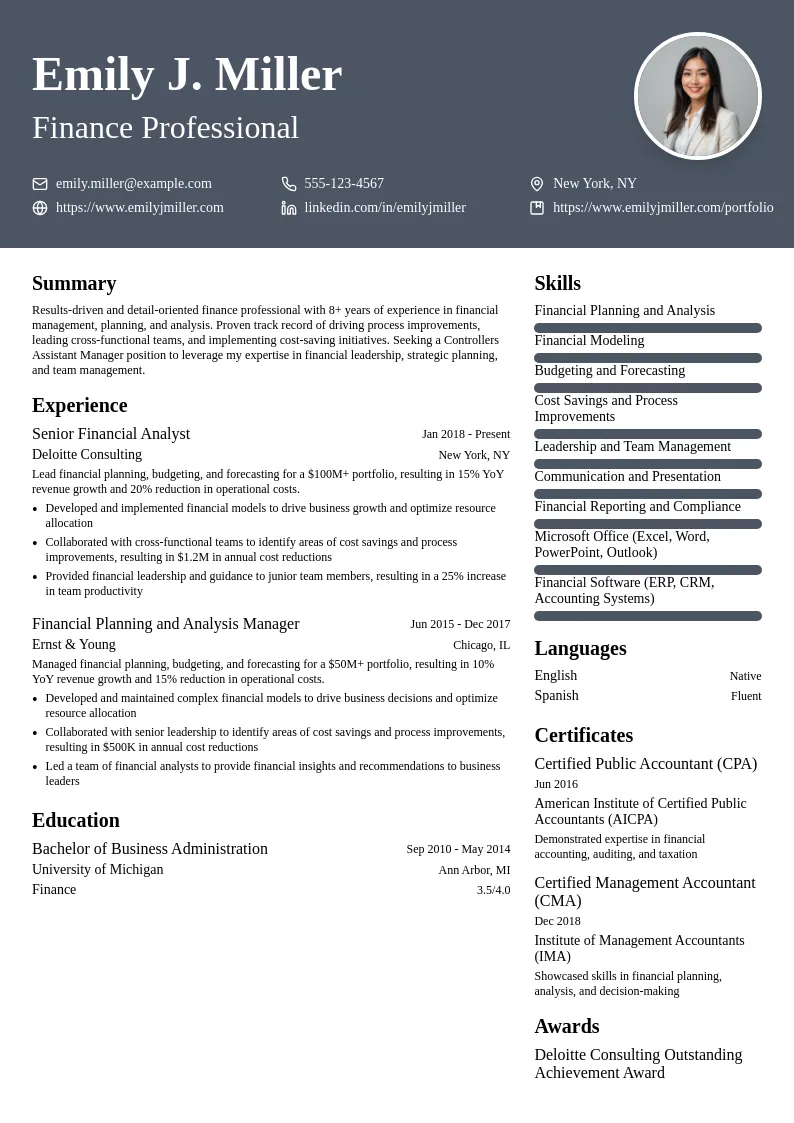 Controllers Assistant Manager resume example
