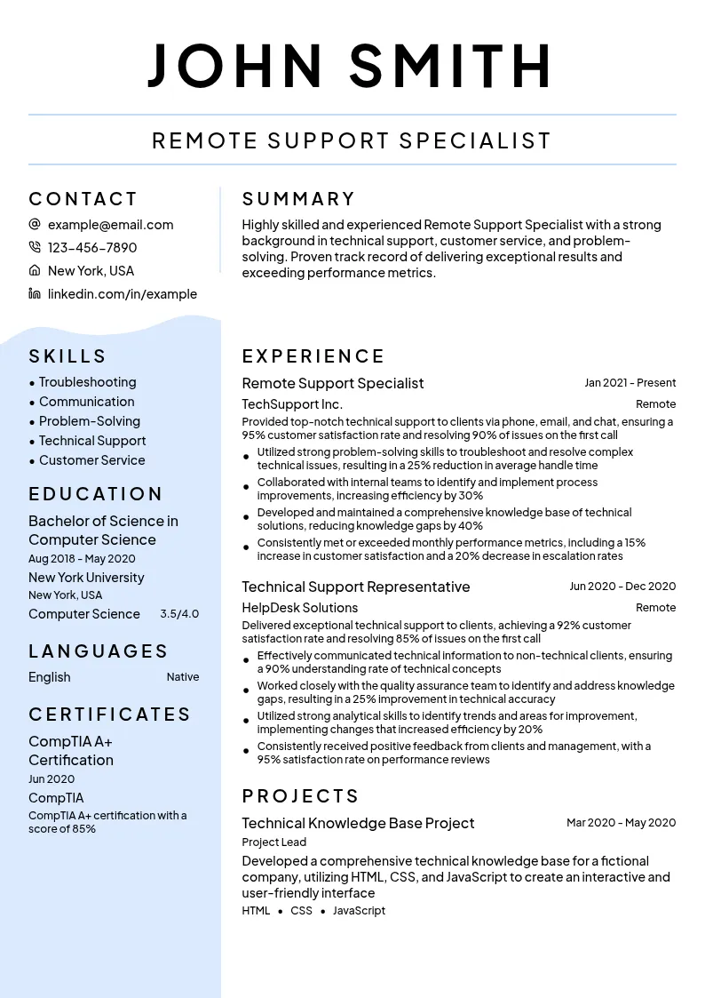 Remote Support Specialist resume example