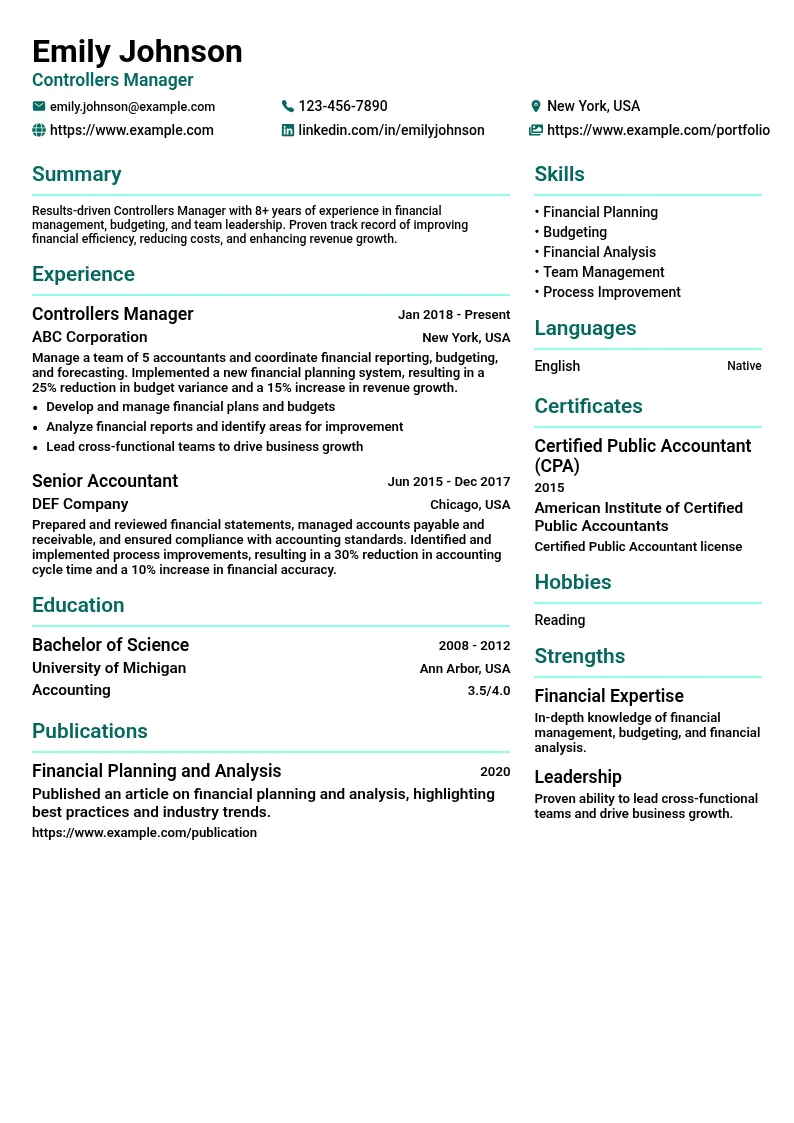 Controllers Manager resume example
