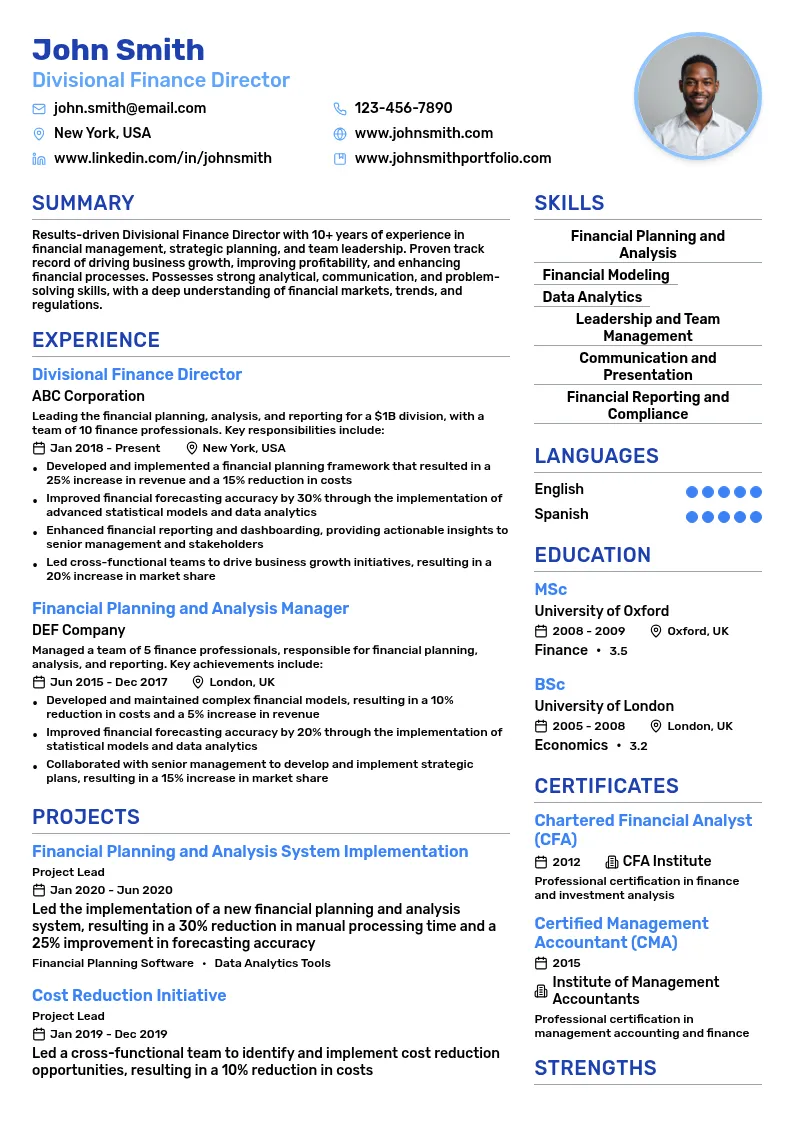 Divisional Finance Director resume example