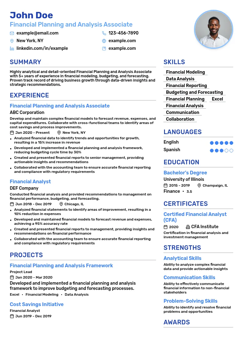 Financial Planning and Analysis Associate resume example