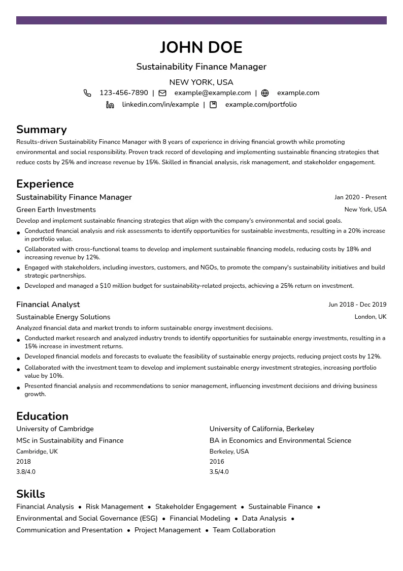 Sustainability Finance Manager resume example