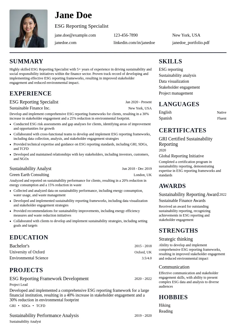 ESG Reporting Specialist resume example