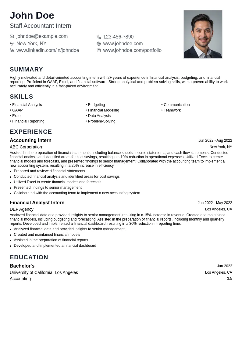 Staff Accountant Intern resume example