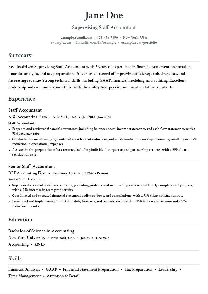 Supervising Staff Accountant resume example