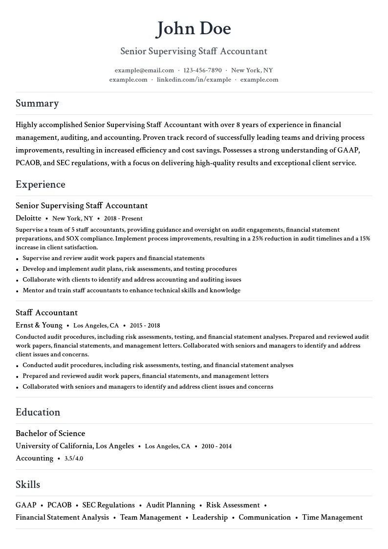 Senior Supervising Staff Accountant resume example