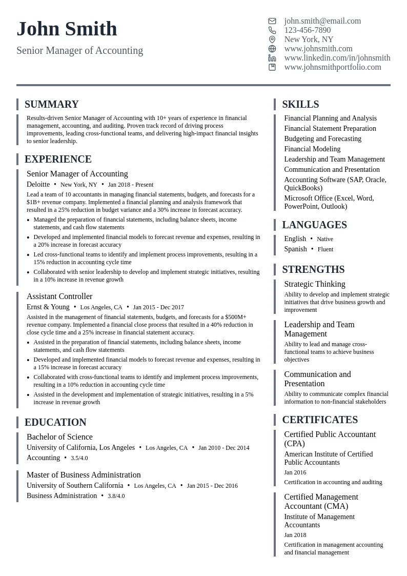 Senior Manager of Accounting resume example