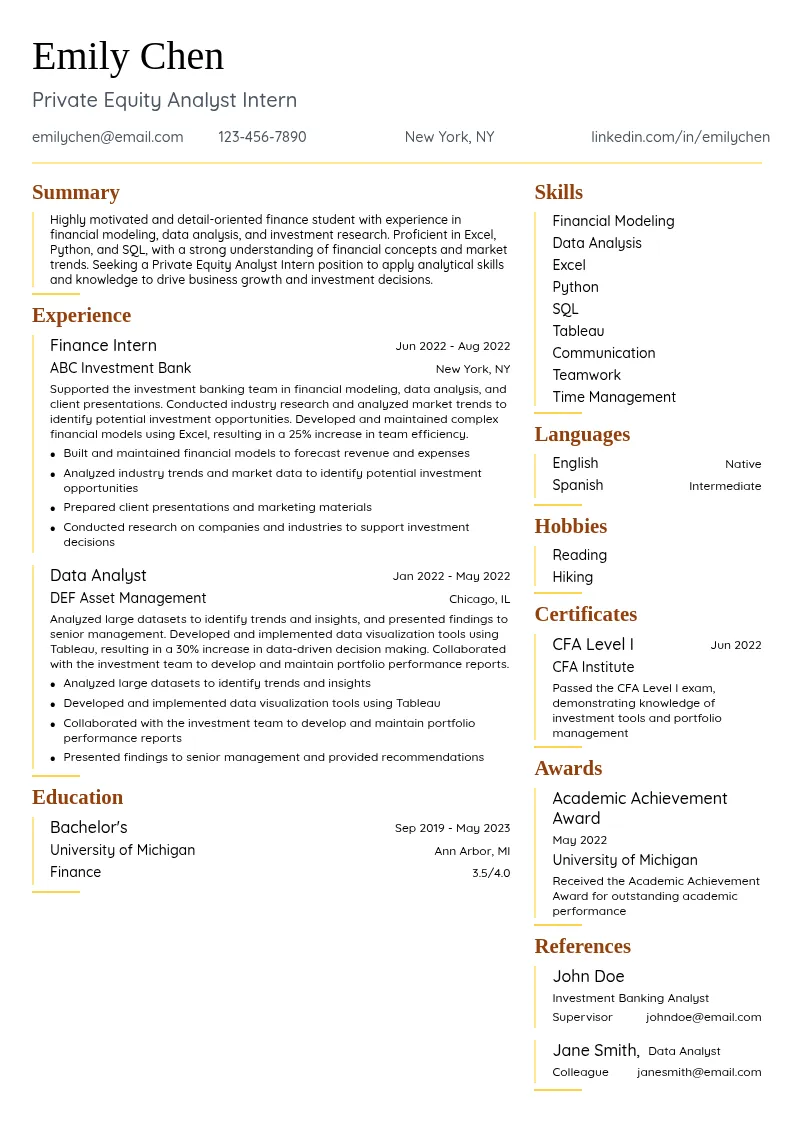 Private Equity Analyst Intern resume example