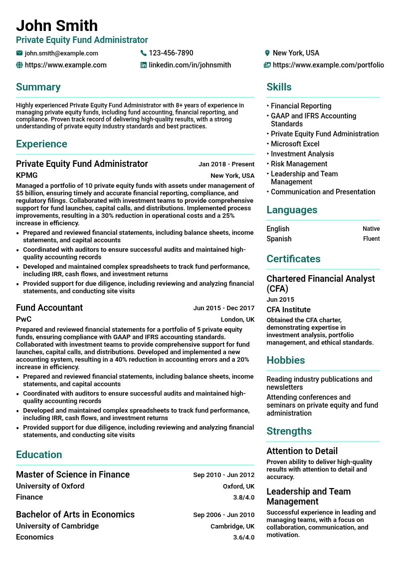 Private Equity Fund Administrator resume example
