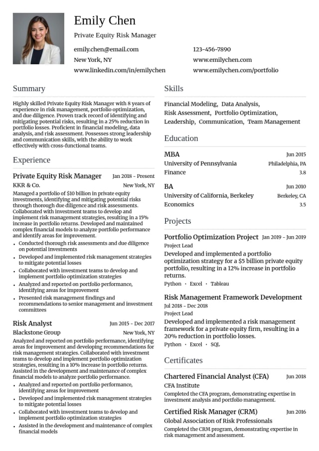 Private Equity Risk Manager resume example