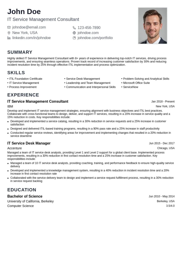 IT Service Management Consultant resume example