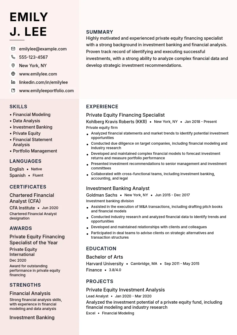 Private Equity Financing Specialist resume example