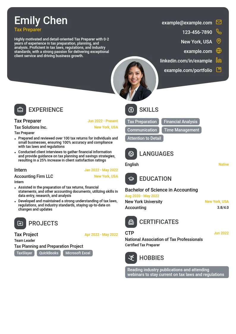 0-2 years resume example