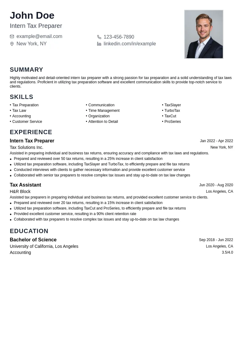 Intern Tax Preparer resume example