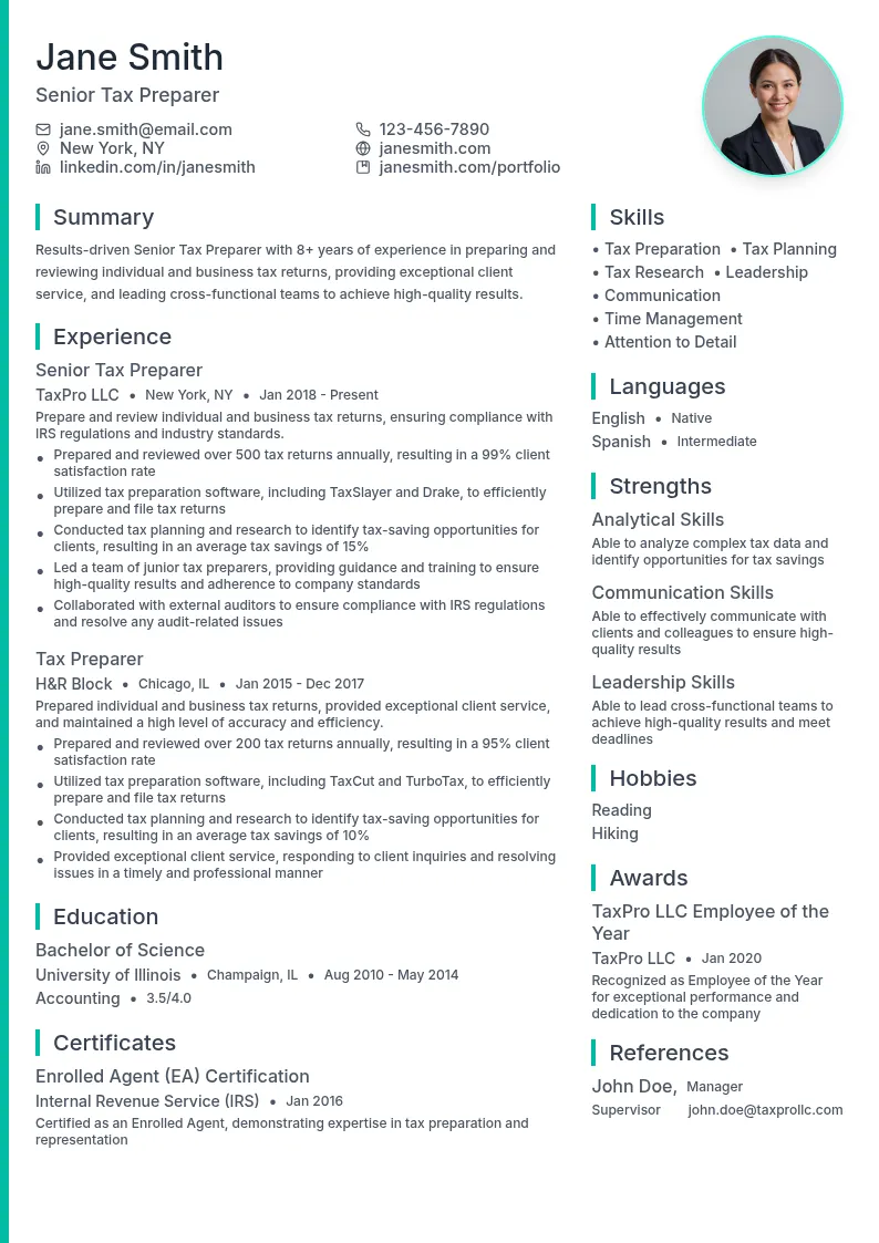 Senior Tax Preparer resume example
