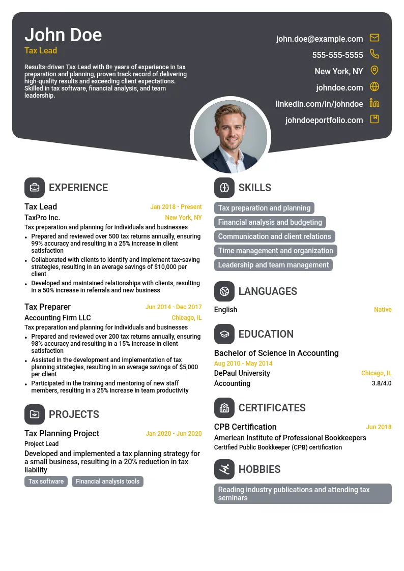 Tax Lead resume example