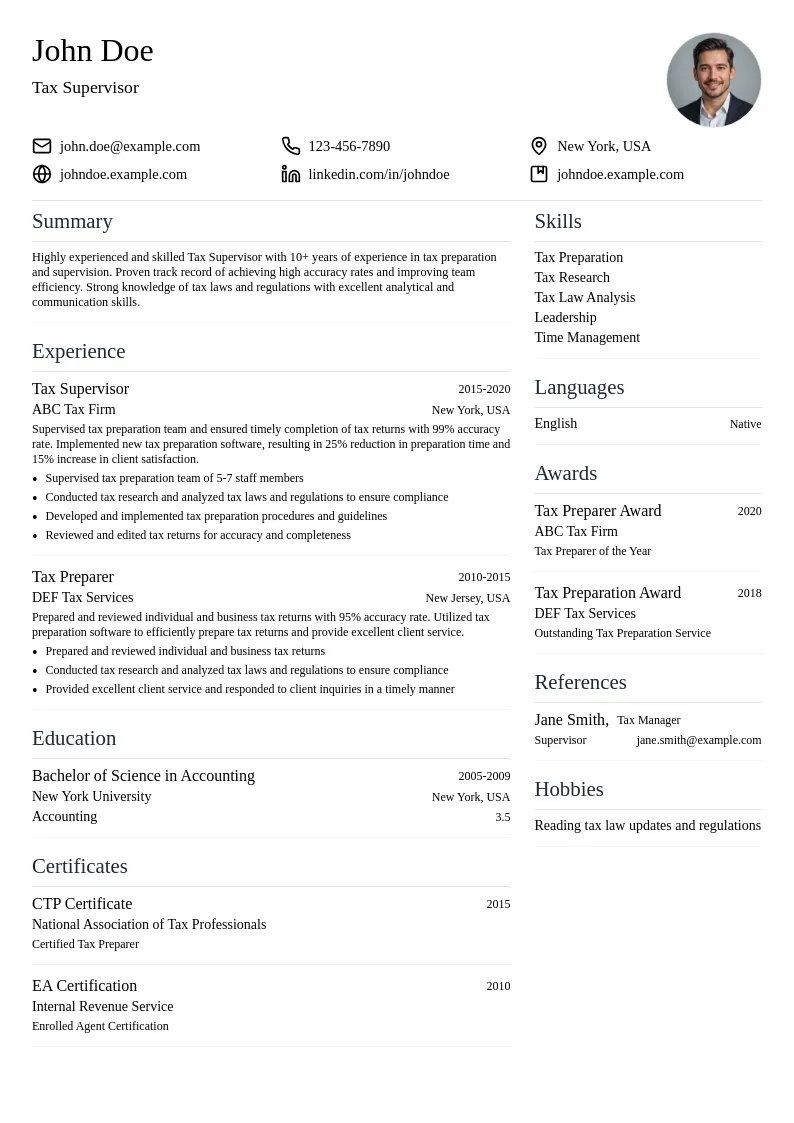 Tax Supervisor resume example
