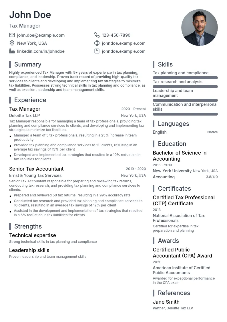 Tax Manager resume example