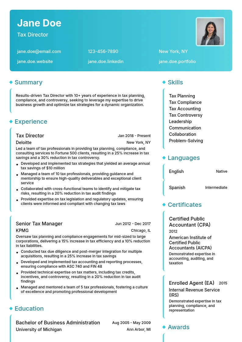 Tax Director resume example