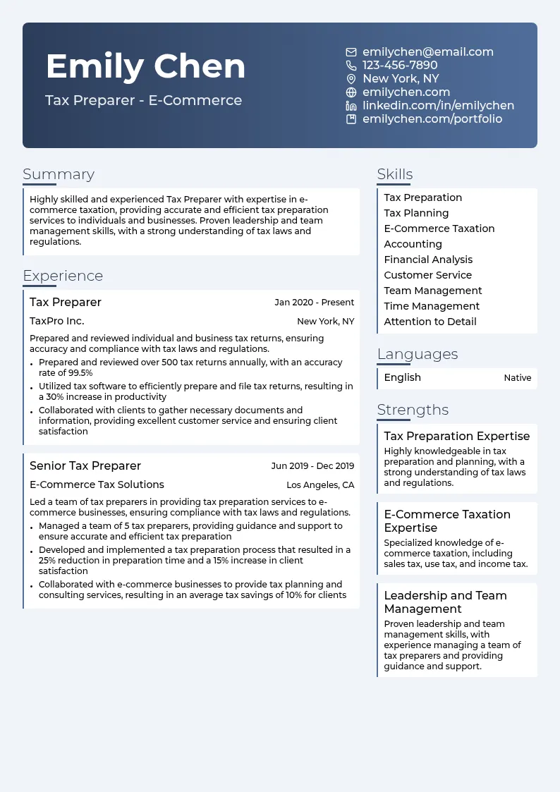 Tax Preparer - E-Commerce resume example