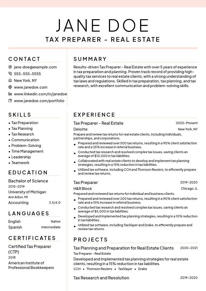 Tax Preparer - Real Estate resume example