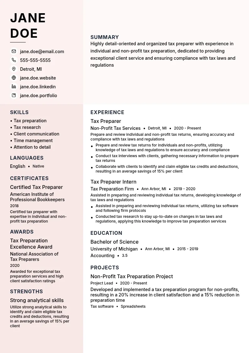 Tax Preparer - Non-Profit resume example