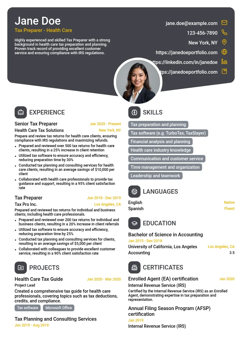 Tax Preparer - Health Care resume example