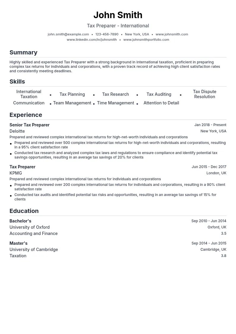 Tax Preparer - International resume example