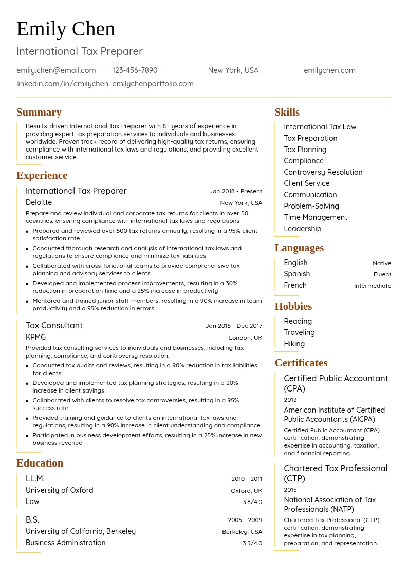 International Tax Preparer resume example