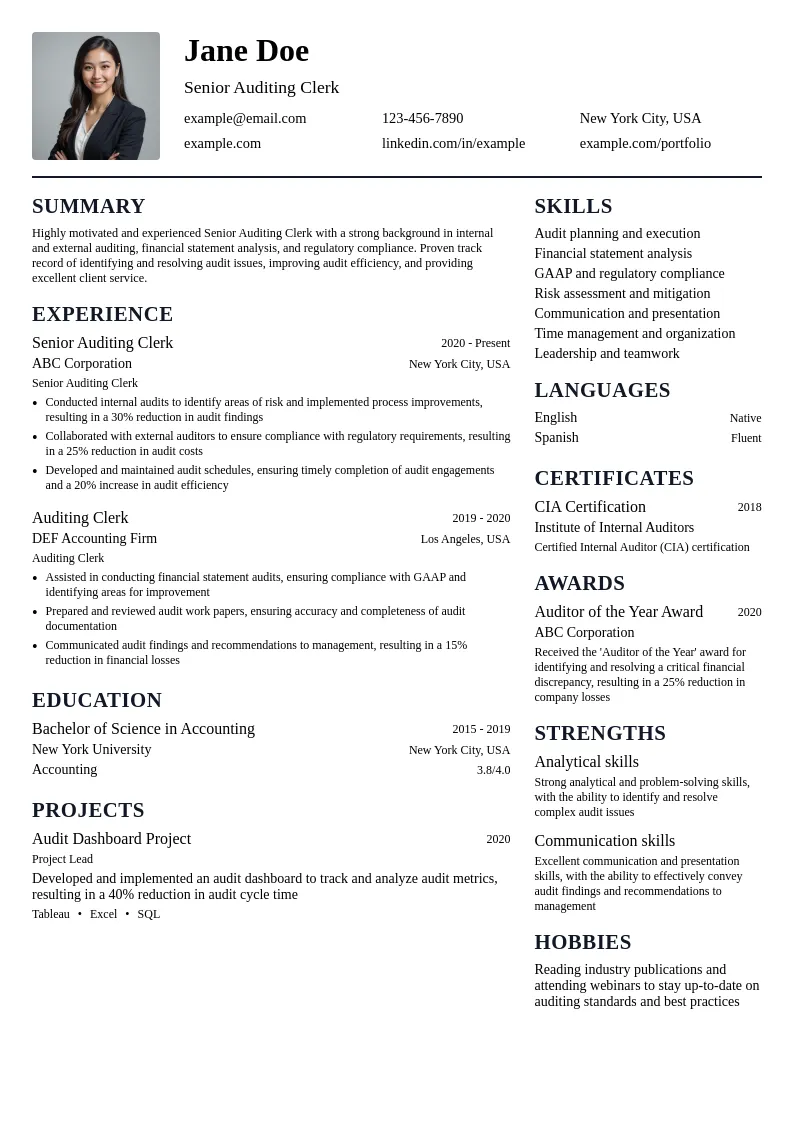 Senior Auditing Clerk resume example