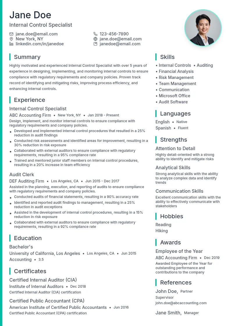 Internal Control Specialist resume example