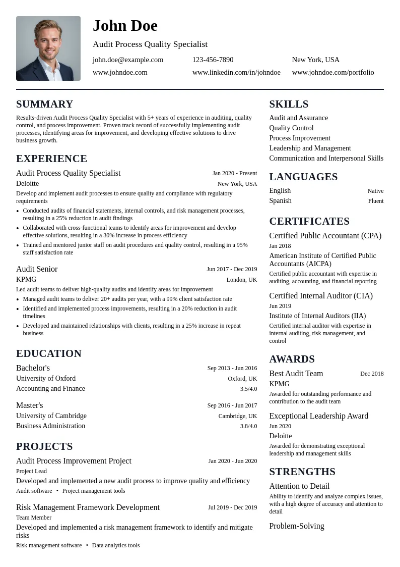 Audit Process Quality Specialist resume example