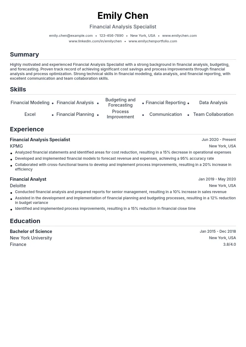 Financial Analysis Specialist resume example