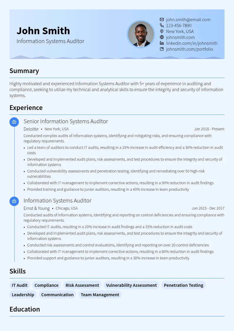 Information Systems Auditor resume example
