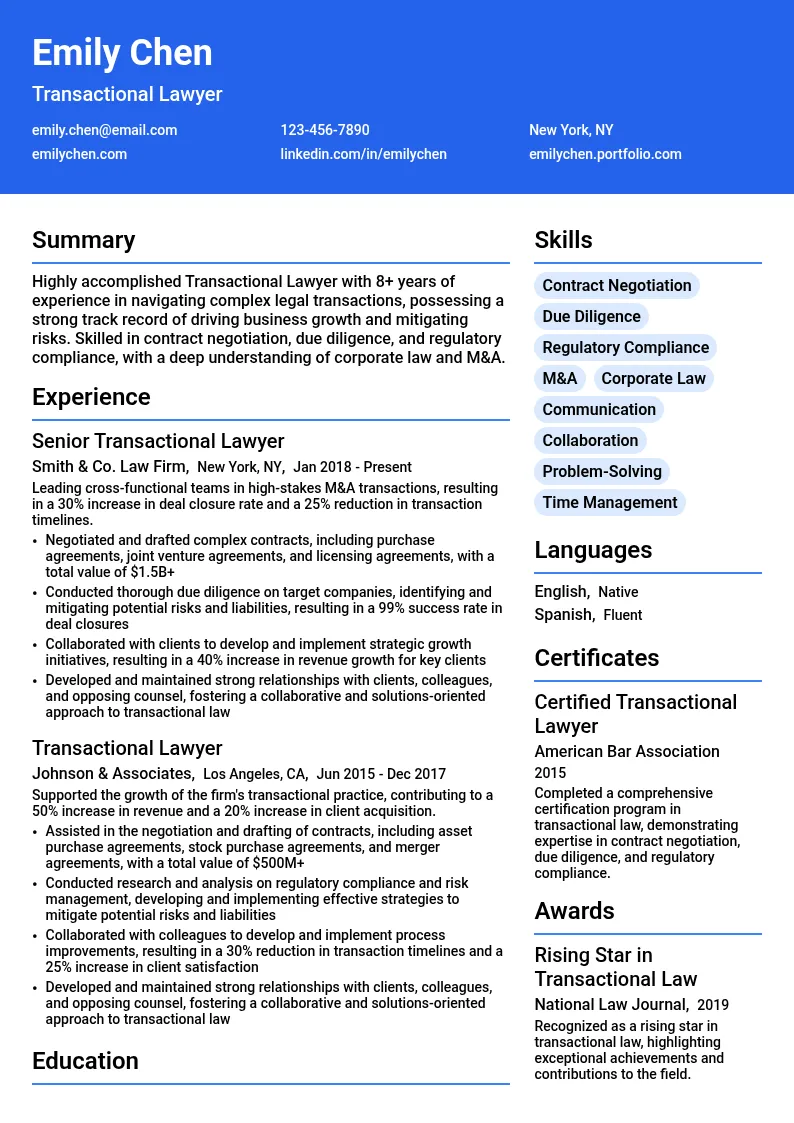 Transactional Lawyer resume example