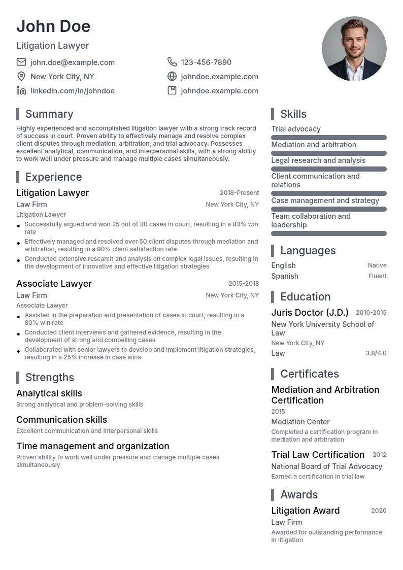 Litigation Lawyer resume example