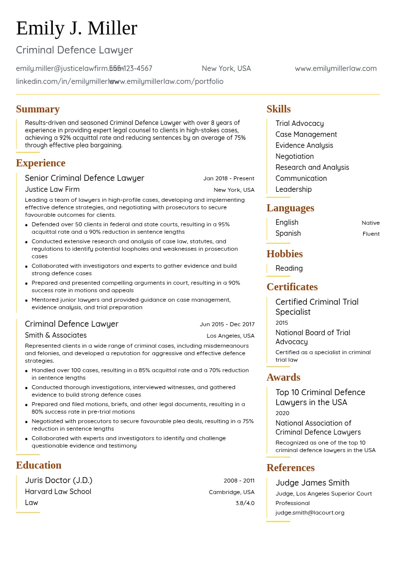 Criminal Defence Lawyer resume example