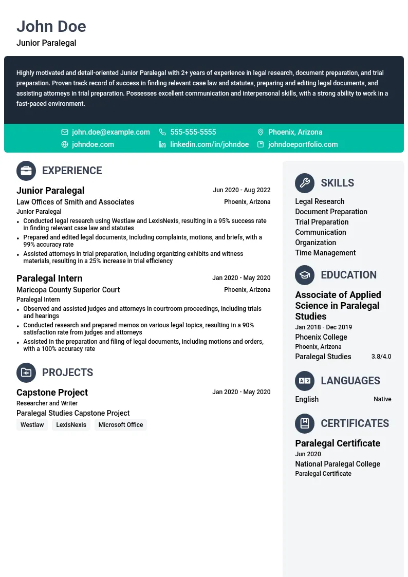 Junior Paralegal resume example