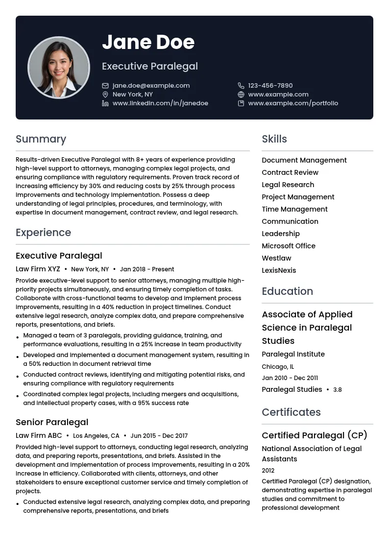 Executive Paralegal resume example