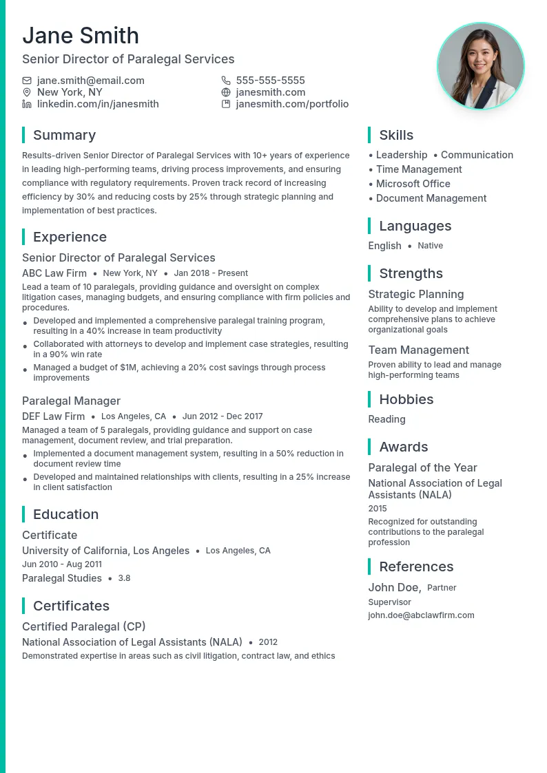 Senior Director of Paralegal Services resume example