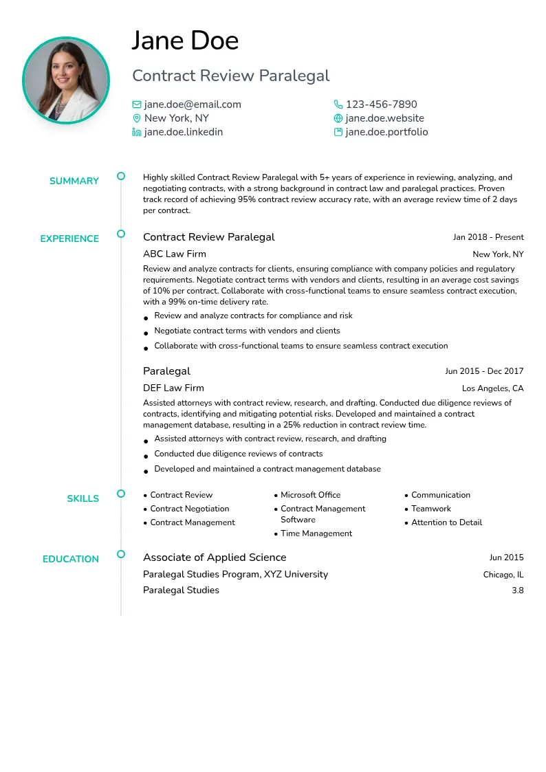 Contract Review Paralegal resume example