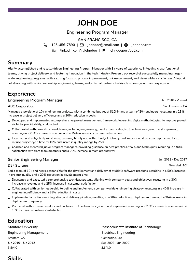 Engineering Program Manager resume example