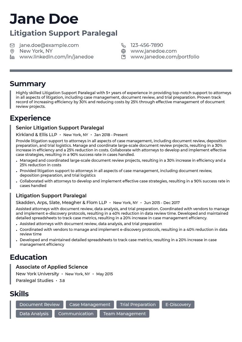 Litigation Support Paralegal resume example